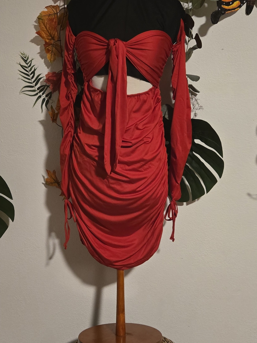 ChicMe Red Ruched Tie-Front Mini Dress Size L